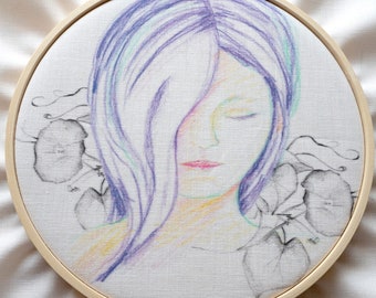 Purple Hair Girl Pre-Printed Embroidery Template 6" Hoop Hand Drawn Illustration on Fabric