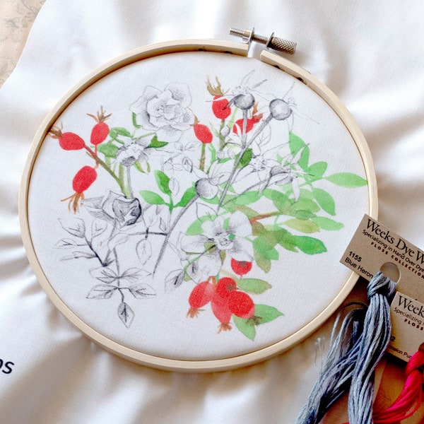 Rosehips Pre-Printed Embroidery Template 6" Hoop Wildflower Watercolor Illustration on Fabric