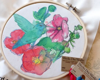 Hummingbird Embroidery Template 6" Hoop Pre-Printed Fabric Petunia Watercolor Flowers