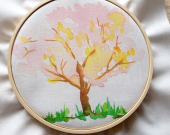 Pink Tree Pre-Printed Embroidery Template 6" Hoop Watercolor Illustration on Fabric