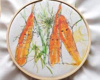 Carrots Pre-Printed Embroidery Template 6" Hoop Hand Drawn Vegetable Illustration on Fabric