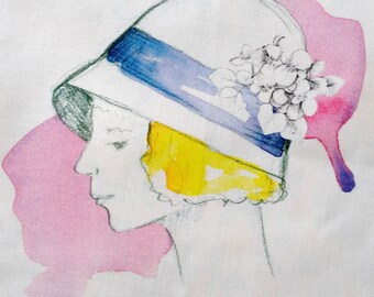 Vintage Girl Embroidery Template 6" Hoop Pre-Printed Fabric Watercolor Cloche Hat