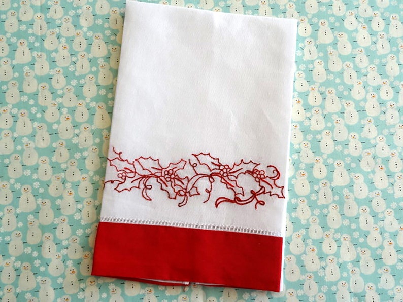Redwork Holly Tea Towel Hand Embroidery Kit Etsy
