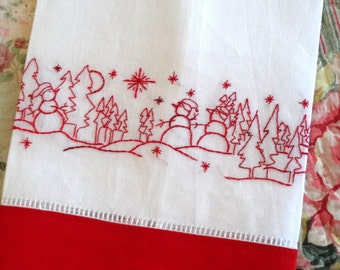 Redwork Snowman Hand Embroidery Linen Tea Towel Kit