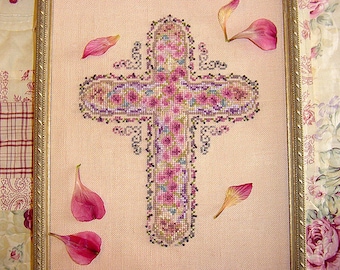 Cross Religious Cross Stitch Pattern Pink Rose Flowers