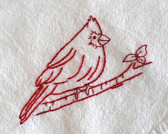 Redwork Cardinal Bird Flour Sack Towel Kit Hand Embroidery Pattern