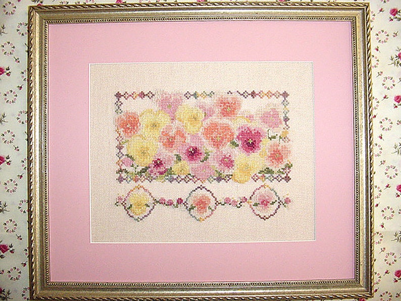 Pink pansy flowers cross stitch pattern floral needlework
