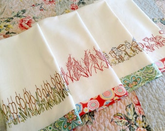 Redwork Hand Embroidery Kitchen Towels PDF Pattern Set Wheat Birdhouses Cattails Poppies