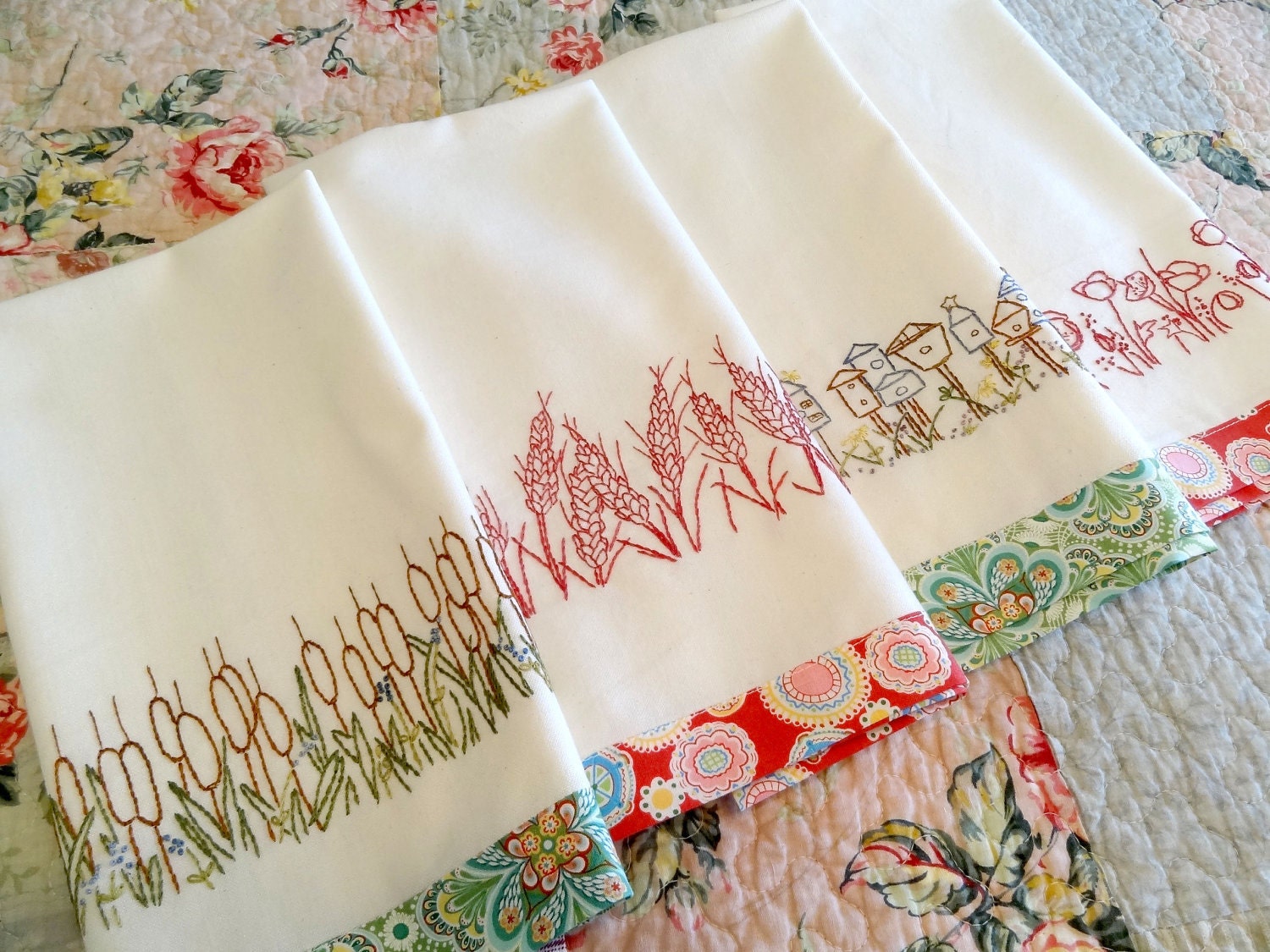 Redwork Hand Embroidery Kitchen Towels PDF Pattern Set Wheat Etsy