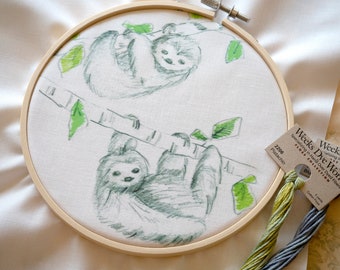 Sloth Animal Pre-Printed Embroidery Template 6" Hoop Watercolor Illustration on Fabric