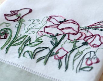Dragonfly Sweet Pea Flowers Tea Towel Hand Embroidery Pattern Kit