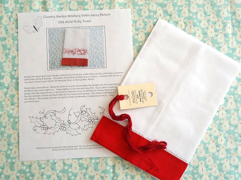 Redwork Holly Tea Towel Hand Embroidery Kit Etsy