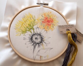 Sunflower Pre-Printed Embroidery Template 6" Hoop Daisy Flower Watercolor Illustration on Fabric
