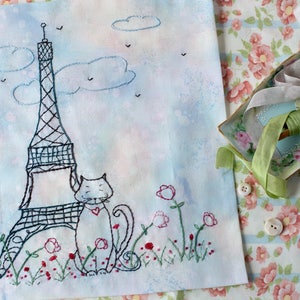 French Cat Eiffel Tower Hand Embroidery PDF Pattern Instant Download