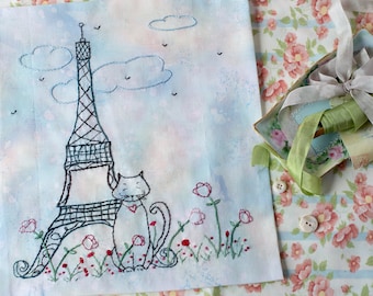 French Cat Eiffel Tower Hand Embroidery PDF Pattern Instant Download