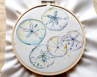 Sand Dollars Pre-Printed Embroidery Template 6" Hoop Watercolor Ocean Seashells