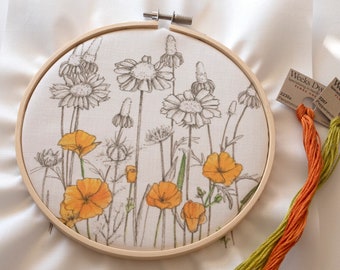 California Poppy Pre-Printed Embroidery Template 6" Hoop Wildflower Watercolor Illustration on Fabric