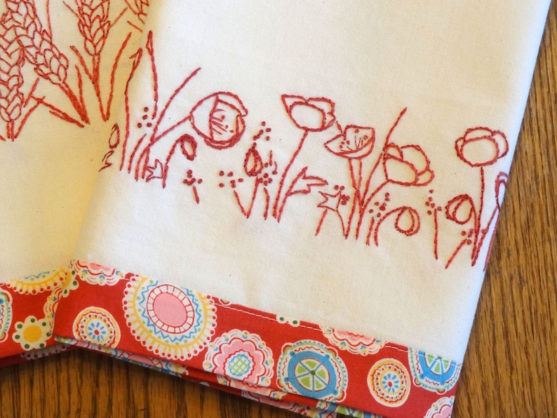 Redwork Hand Embroidery Kitchen Towels PDF Pattern Set Wheat Etsy