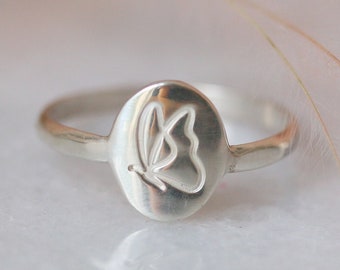 Unique Handmade Minimalist Ring | Butterfly Signet Ring | Lucky Hand stamped Ring Sterling Silver | Gold