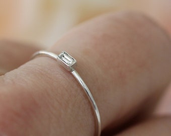 Diamond Solitaire Stacking Ring | Baguette Diamond Fleck Ring | Stacking Ring | Dainty Ring | Sterling Silver