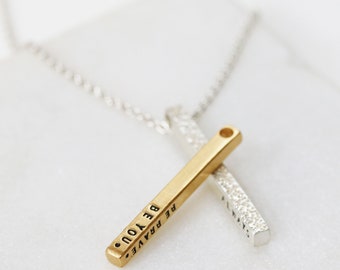 Adored Necklace | Four Sided Bar Necklace | Handmade Hand Stamped Inspirational Quote Minimalist Necklace | Sterling Silver | Gold