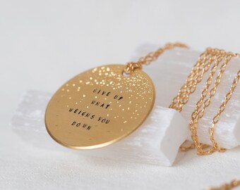 Coin Necklace | Large Coin Necklace | Handmade Hand Stamped Pendant Necklace | Inspirational Quote | Sterling Silver | Gold