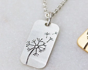 Rectangle Pendant Necklace | Dandelion Petite Tag Necklace | Handmade Hand Stamped Minimalist Necklace | Sterling Silver | Gold