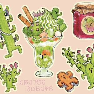 Cactuar themed stickers on a light pink background. Clockwise from top left: Cactuar jewellery rack, gigatender ice cream sundae, baby cactuar jelly, multi-fruit cactuar (mutant), cactuar pie, and smaller version of cactuar mutant sticker.