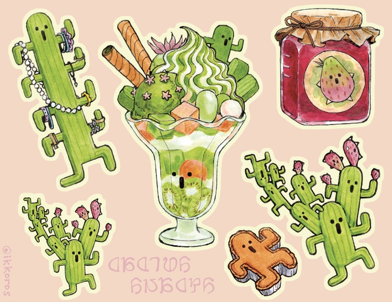 Cactuar themed stickers on a light pink background. Clockwise from top left: Cactuar jewellery rack, gigatender ice cream sundae, baby cactuar jelly, multi-fruit cactuar (mutant), cactuar pie, and smaller version of cactuar mutant sticker.