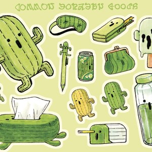 Green cactuar sticker sheet. Clockwise from top left: Cactuar plushie, cactuar eye mask, cactuar pencil, cactuar pop, cactuar pencil case, cactuar purse, melted cactuar popsicle, cactuar water bottle, cactuar pencil sharpener, cactuar tissue case.