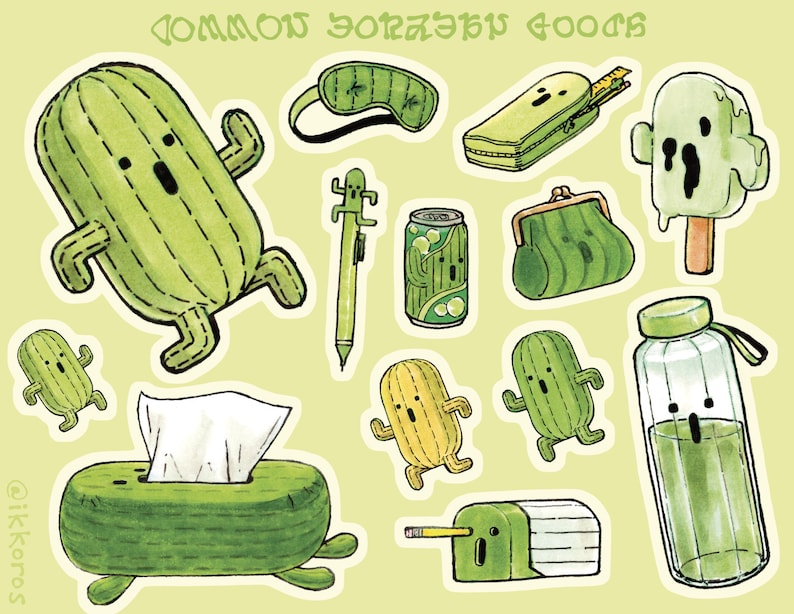 Green cactuar sticker sheet. Clockwise from top left: Cactuar plushie, cactuar eye mask, cactuar pencil, cactuar pop, cactuar pencil case, cactuar purse, melted cactuar popsicle, cactuar water bottle, cactuar pencil sharpener, cactuar tissue case.