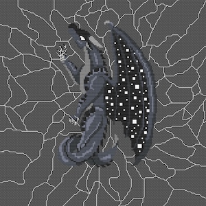 May include: A gray dragon with black and white speckled wings, standing on a gray background with a white grid pattern.