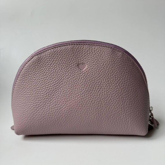 Pink Leather Half Moon Cosmetic Pouch: Embossed Travel Makeup Bag