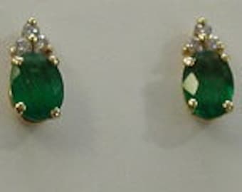 14 karat oval emerald earring-3 diamonds accents-gift for her-stud earrings