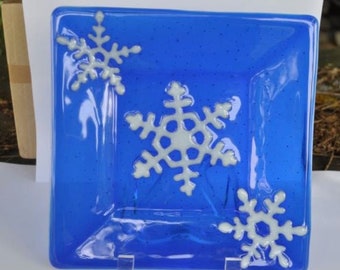 snowflake plate-Christmas plate-handmade fused glass Blue