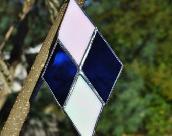 Geometric shaped-  diamond shaped-ornament-blue and white iridescent glass