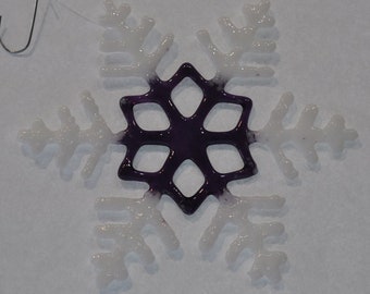 snowflake fused glass purple and white- ornament