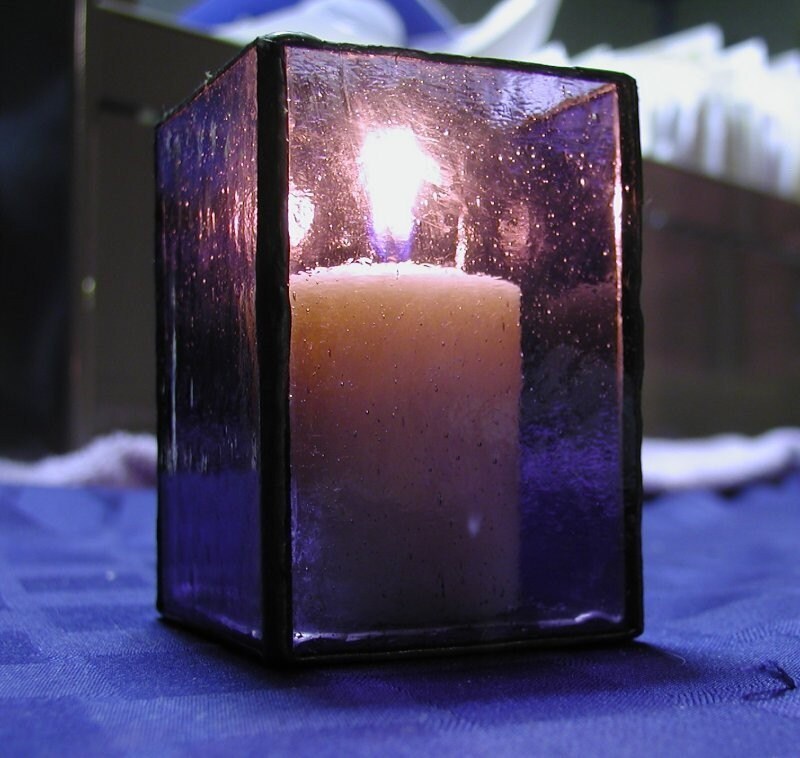 Votive Candle Holder Purple Stained Glass With Black Antique Patina Etsy Canada