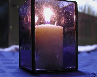 Votive Candle Holder- Purple Stained Glass- With Black Antique Patina