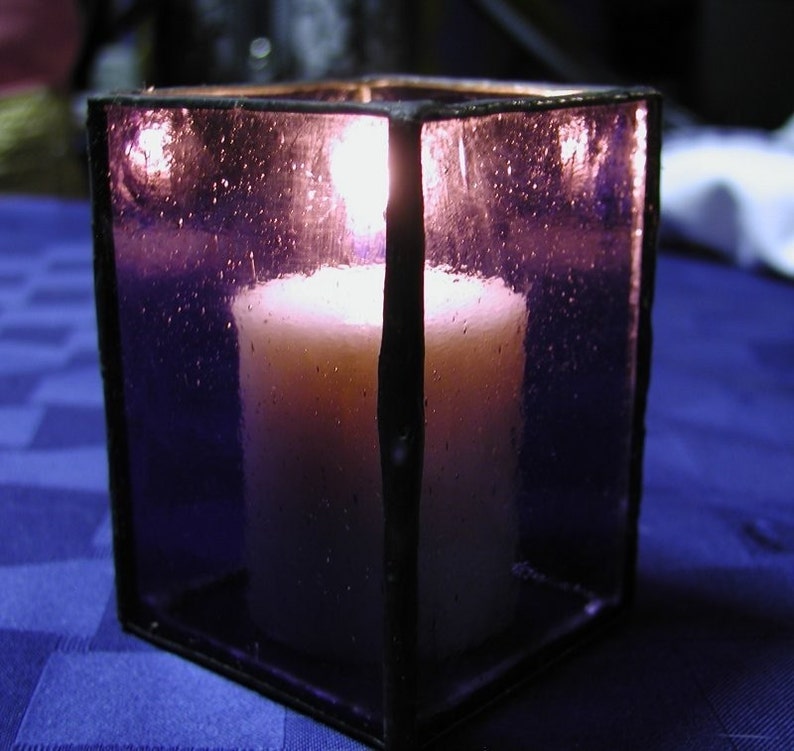 Votive Candle Holder Purple Stained Glass With Black Antique Etsy