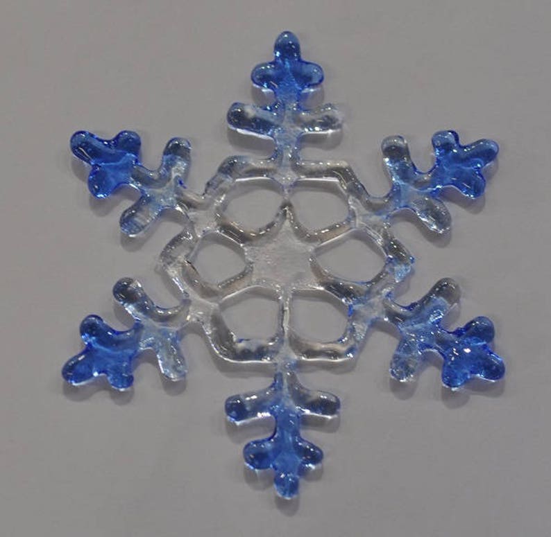 Clear and blue fused glass snowflake image 1