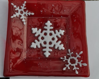 snowflake plate-christmas plate-handmade fused glass