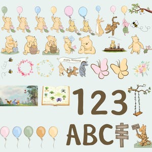 Classic Winnie the Pooh and Friends Clipart, Digital 121 Bundle Clip Art, Transparent PNG, DIY Baby Shower Birthday Invitation Party Decor