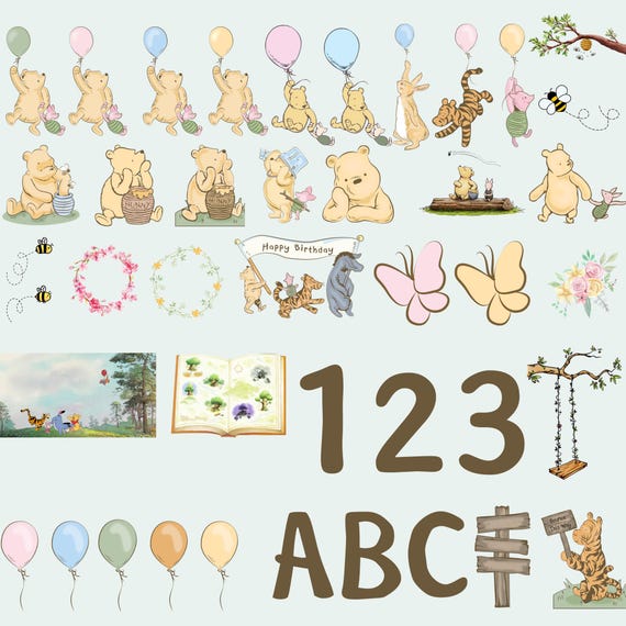 Classic Winnie the Pooh and Friends Clipart, Digital 121 Bundle Clip Art, Transparent PNG, DIY Baby Shower Birthday Invitation Party Decor