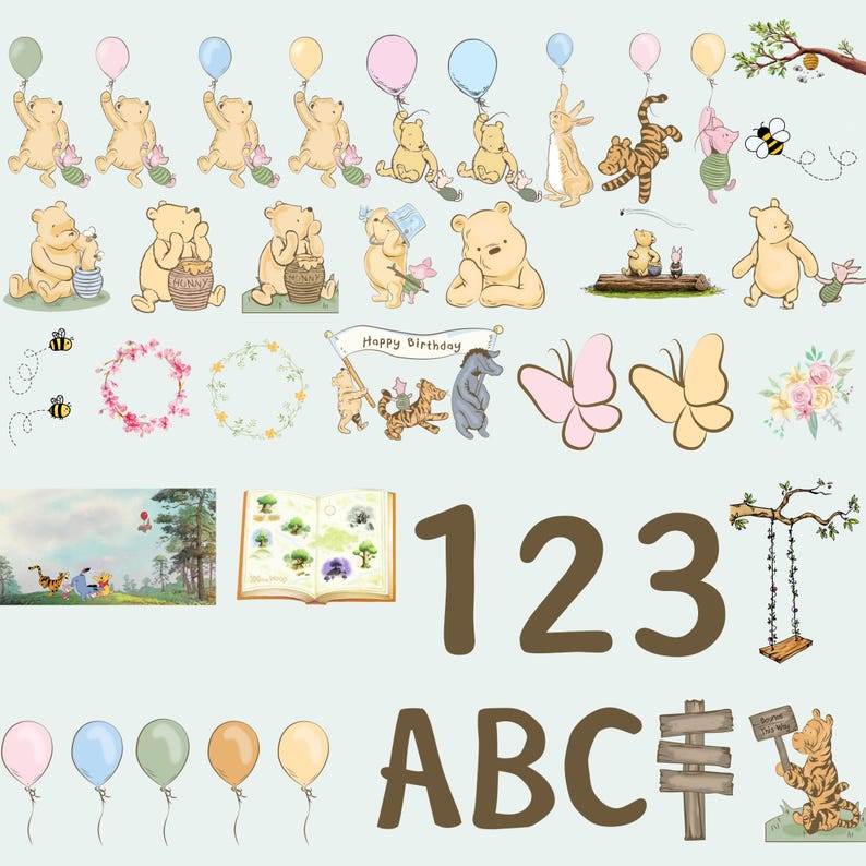 Classic Winnie the Pooh and Friends Clipart, Digital 121 Bundle Clip Art, Transparent PNG, DIY Baby Shower Birthday Invitation Party Decor