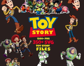 May include: A colorful image featuring characters from the Toy Story movie franchise. The image includes Woody, Buzz Lightyear, Jessie, and other characters. The text "TOY STORY" is displayed in large, bold letters. The text "1200+ PNG 350+ SVG TOY STORY FILES" is also displayed.