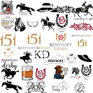 Pode incluir: Uma coleção de ilustrações em preto e branco com o Kentucky Derby, incluindo cavalos, jóqueis, rosas e a ferradura icônica. O texto "Kentucky Derby" e "151" também está presente.