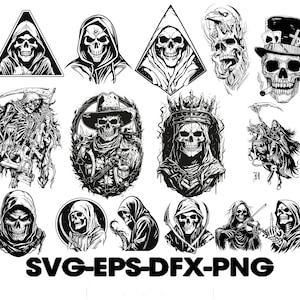 Grim Reaper Skeleton Files, Skull SVG Files Bundle, King Skull Beard SVG Grim Reaper finger Skull Vector Silhouette, Messy Bun Skull Svg Png