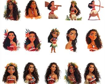 15 PNG Moana, Princess Digital PNG, Colorful Cute Png, Watercolor Digital Design PNG File Sublimation, Instant Downloadable, Cute Princess