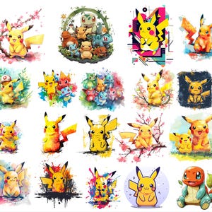 May include: A collection of 20 watercolour illustrations featuring Pikachu, the electric-type Pokémon. Each illustration depicts Pikachu in a different pose or setting, with a variety of colours and backgrounds.